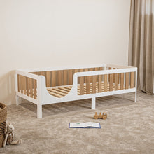 EZRA Montessori toddler bed on legs with oak veneer rails and wooden slatted bed base