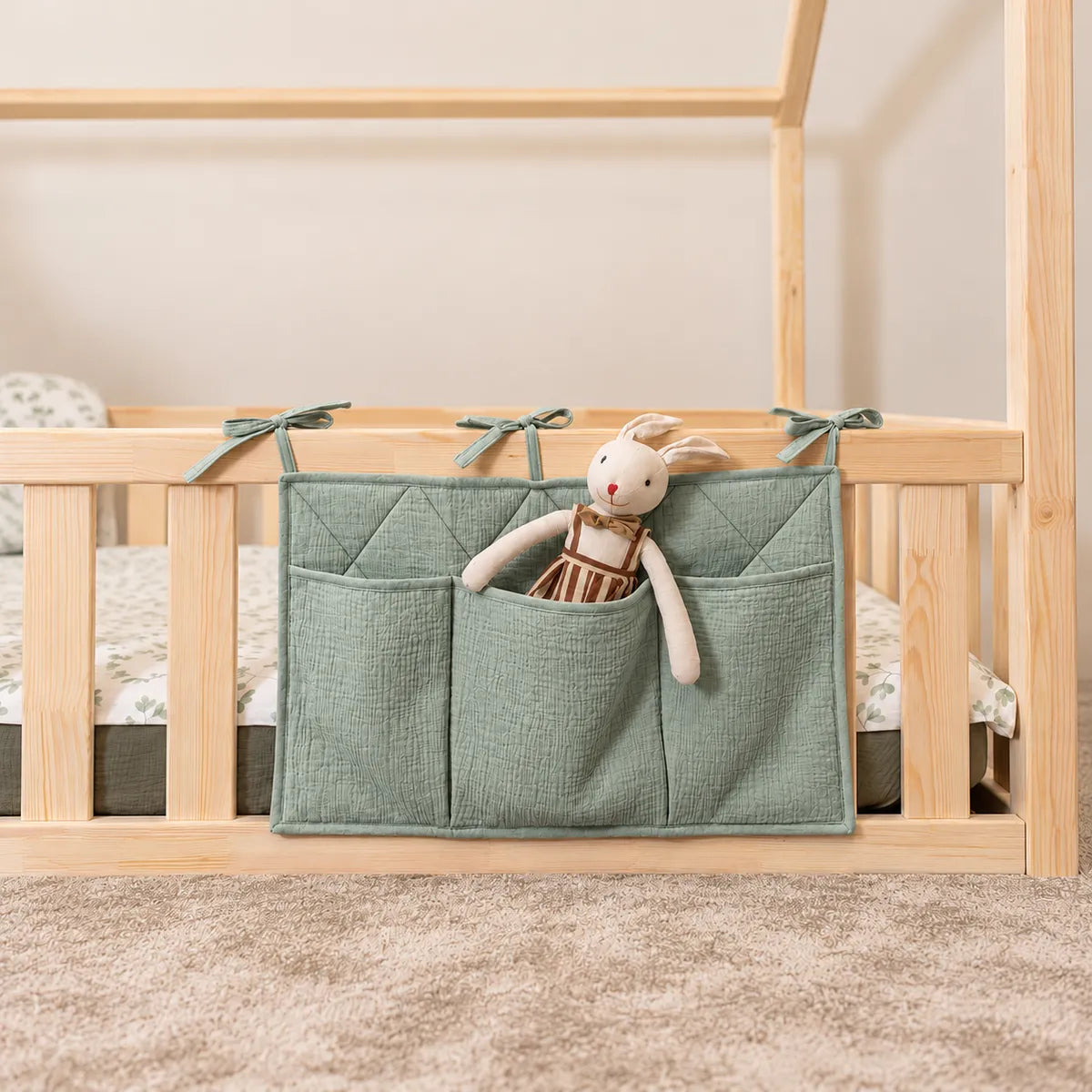 Sea Green Montessori bed pockets with three storage compartments and a soft toy, tied to a natural pine house bed railing.