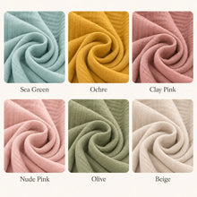 Six double gauze cotton fabric colors for Montessori bed pockets: Sea Green, Ochre, Clay Pink, Nude Pink, Olive and Beige.
