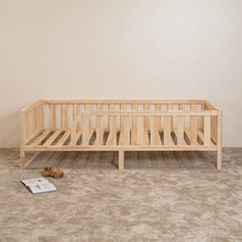 Montessori toddler bed on legs with rounded opening and wooden bed slats, front view
