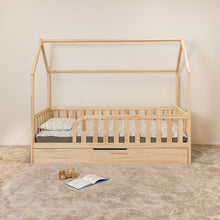 Front view of Montessori toddler house bed with rounded entrance and closed trundle bed