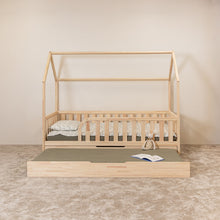 Front view of Montessori toddler house bed with fully extended trundle bed