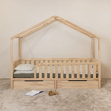 Front view of NOLRI Montessori toddler house bed with rounded opening and two closed storage drawers