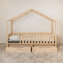Front view of NOLRI Montessori toddler house bed with rounded opening and two open under-bed storage drawers