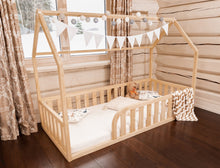 Wooden Montessori house floor bed with rails